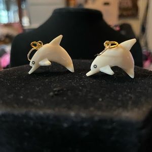 Vintage carved (bone? ??) dolphins French hook earrings
